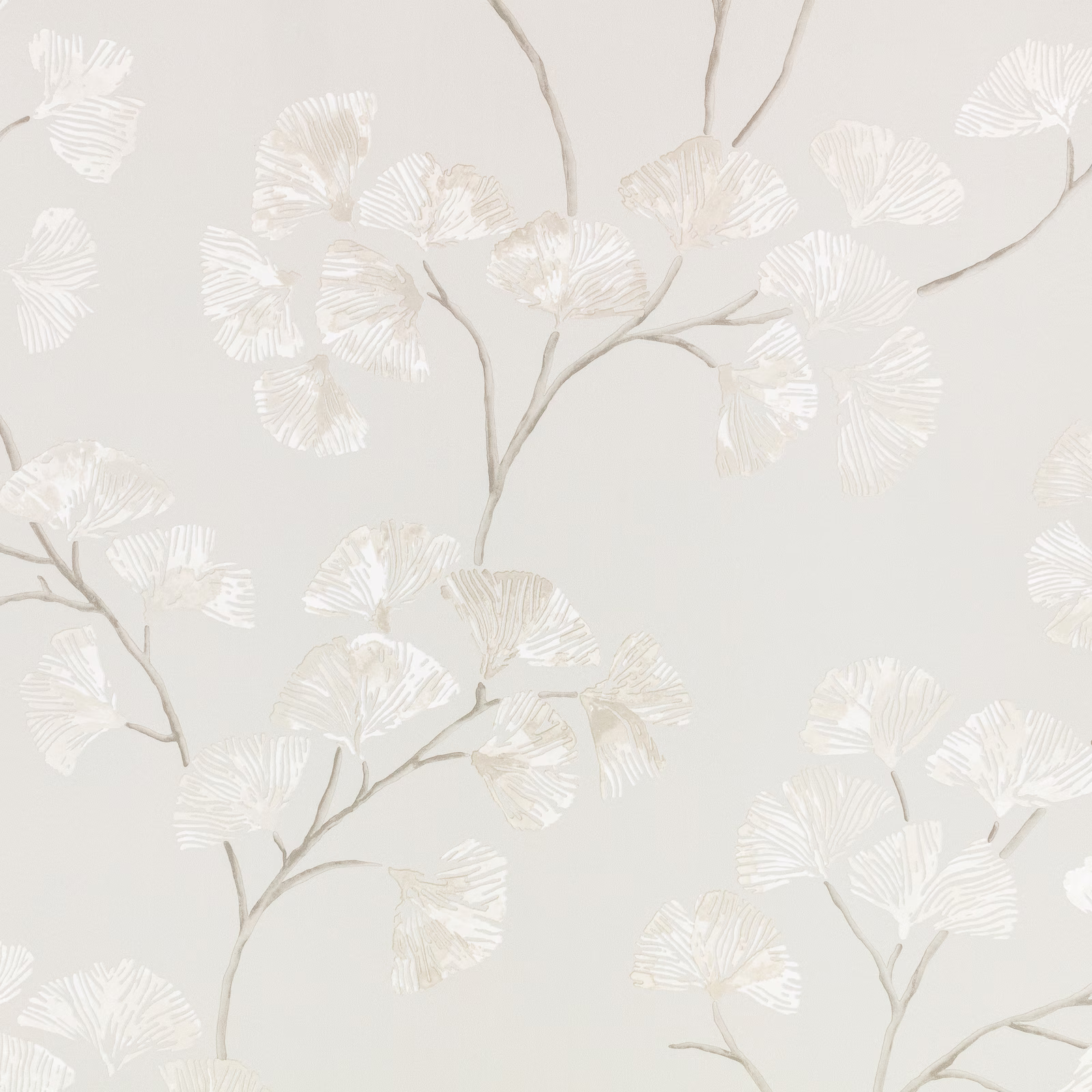 Pale grey wallpaper with ivory fan leaves on delicate taupe branches