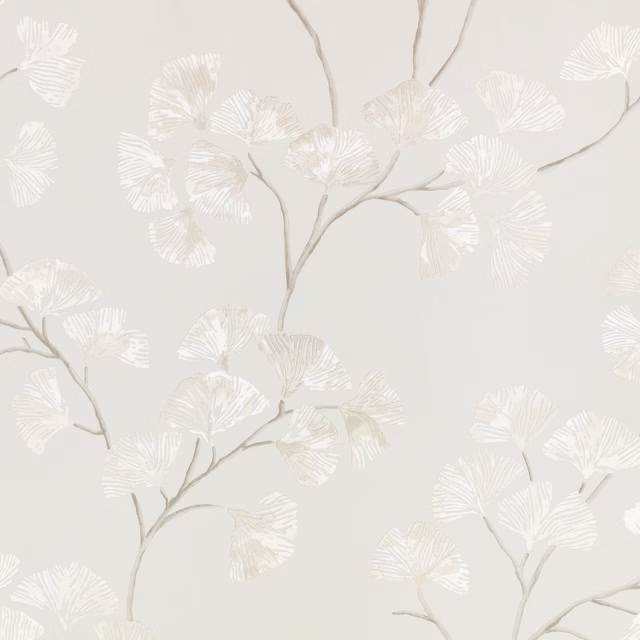 Pale grey wallpaper with ivory fan leaves on delicate taupe branches