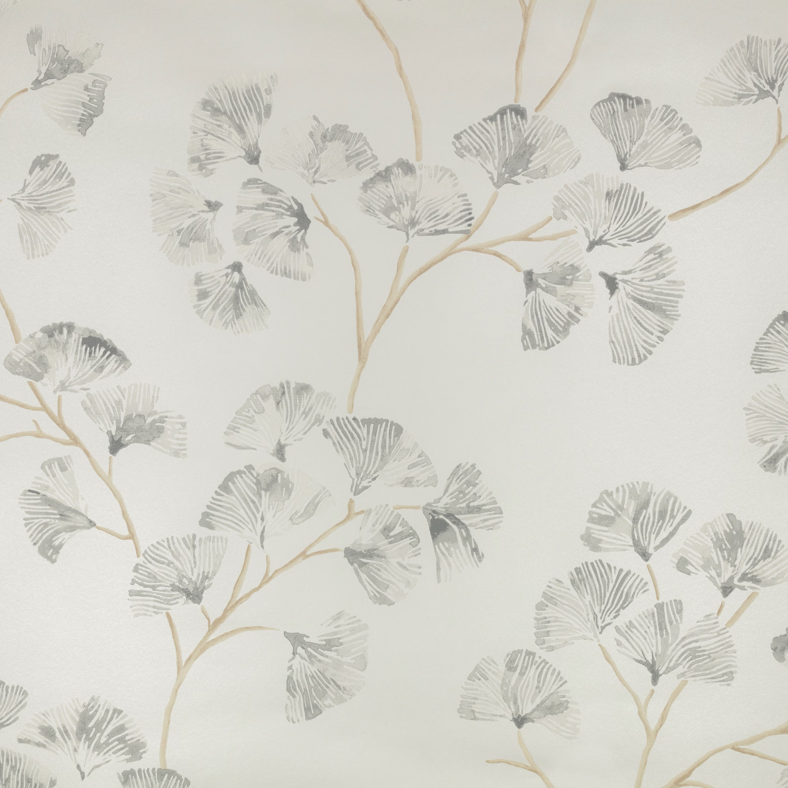 Pale nickel-grey fan-shaped leaves and beige stems scattered across an ivory ground