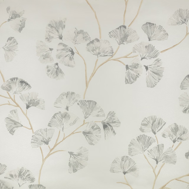 Pale nickel-grey fan-shaped leaves and beige stems scattered across an ivory ground