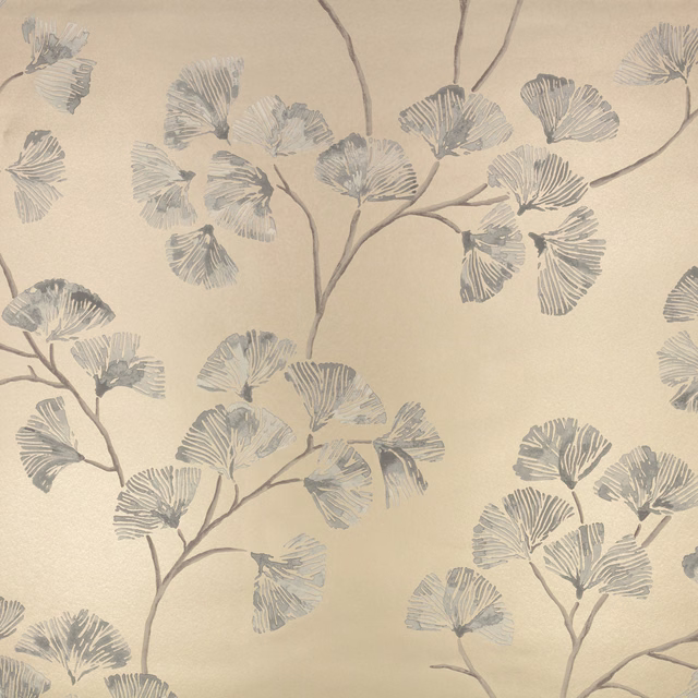 Soft gold wallpaper with muted grey fan-shaped leaves on branching stems