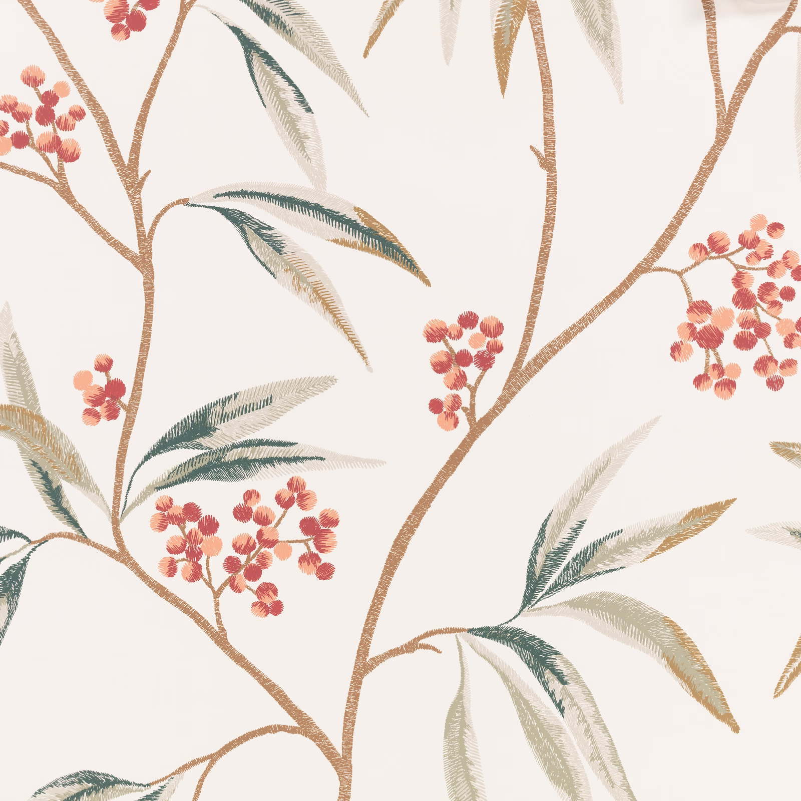 Cream botanical wallpaper with coral berry clusters, brown branches and muted sage leaves