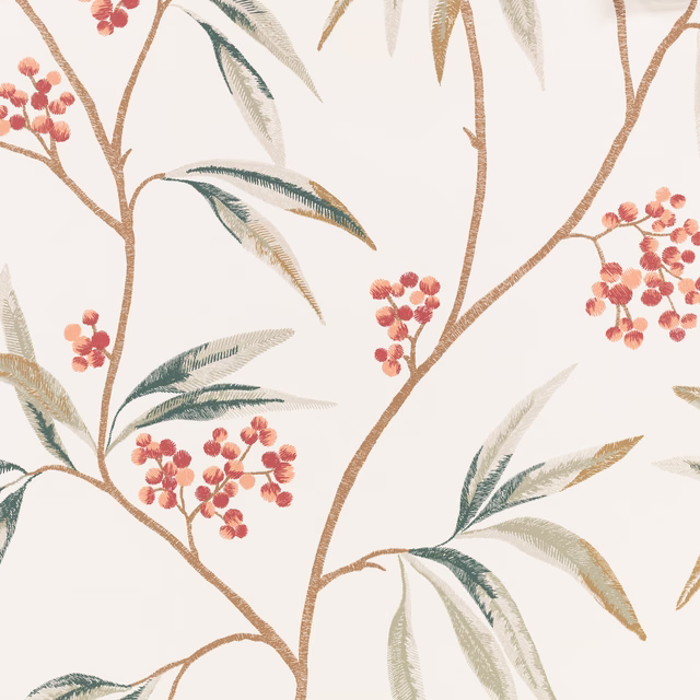 Cream botanical wallpaper with coral berry clusters, brown branches and muted sage leaves