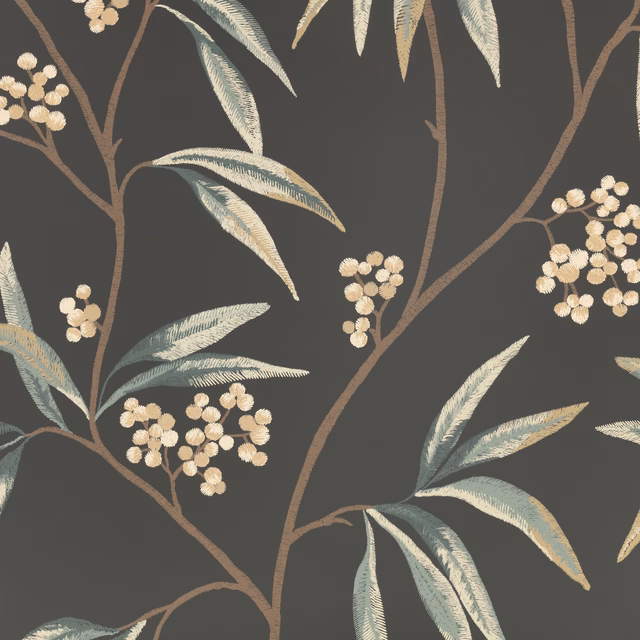 Charcoal botanical wallpaper with sage leaves, cream blossoms and taupe branches