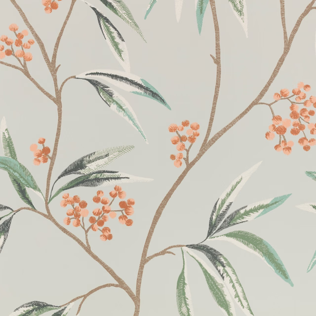 Pale grey-green botanical wallpaper with coral blossoms, sage leaves and taupe branches