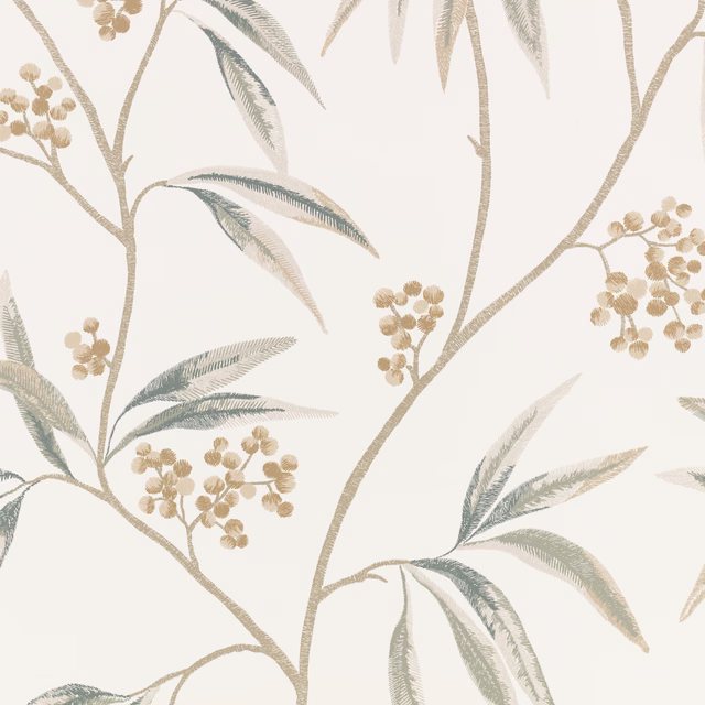 Ivory botanical wallpaper with sage leaves, taupe branches and ochre berry clusters