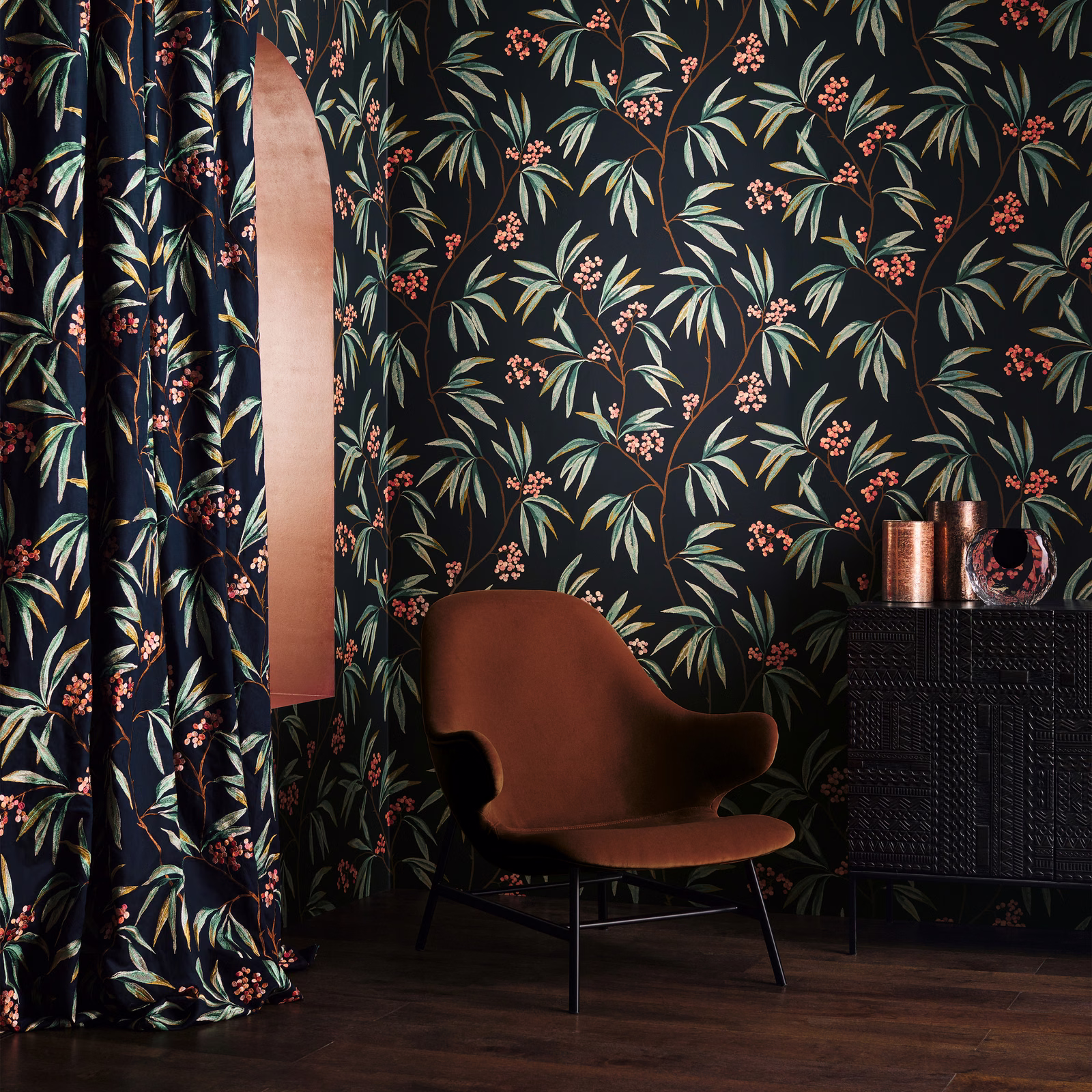 Deep blue-black botanical wallpaper with sage leaves and coral flower clusters