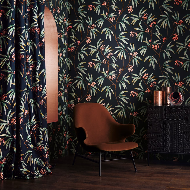 Deep blue-black botanical wallpaper with sage leaves and coral flower clusters