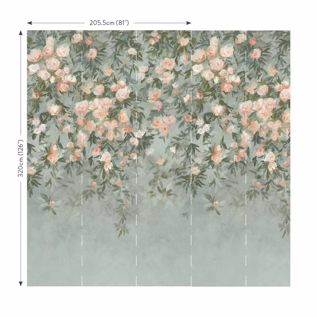 Misty sage mural wallpaper with peach coral flowers and leafy botanical clusters