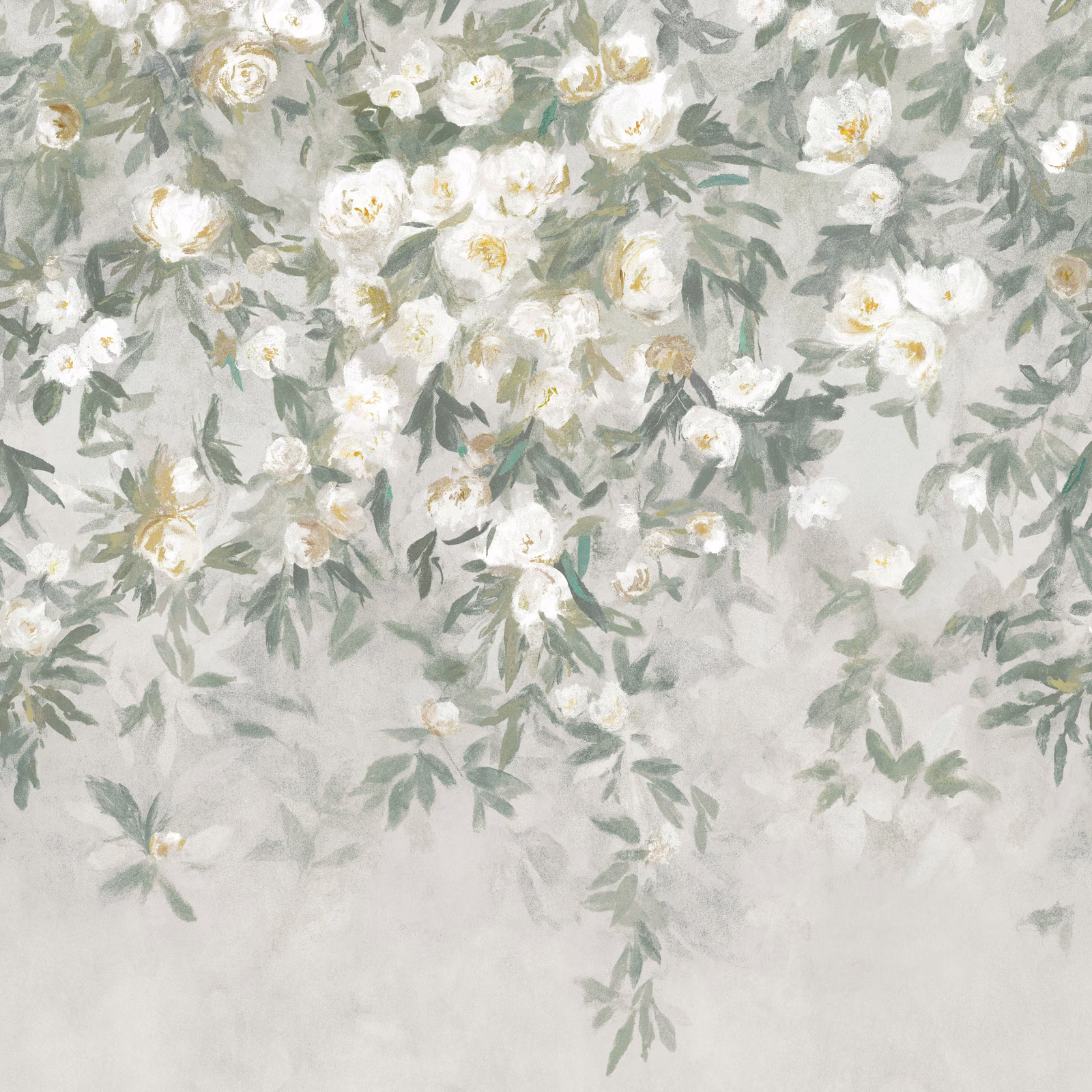 Pale lichen-grey mural wallpaper with white blossoms and sage-green trailing foliage