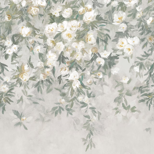 Pale lichen-grey mural wallpaper with white blossoms and sage-green trailing foliage