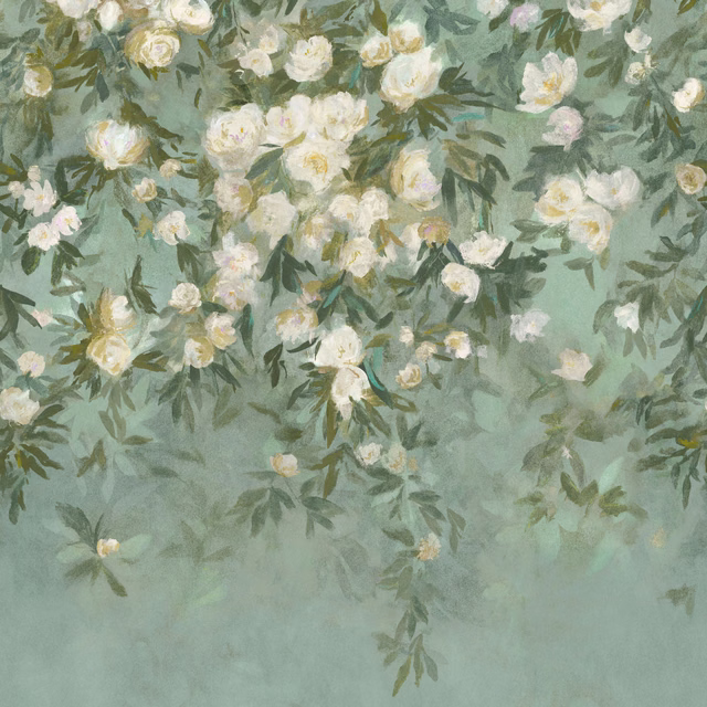Muted verdigris wallpaper with cream peonies and loose painterly leafy sprays