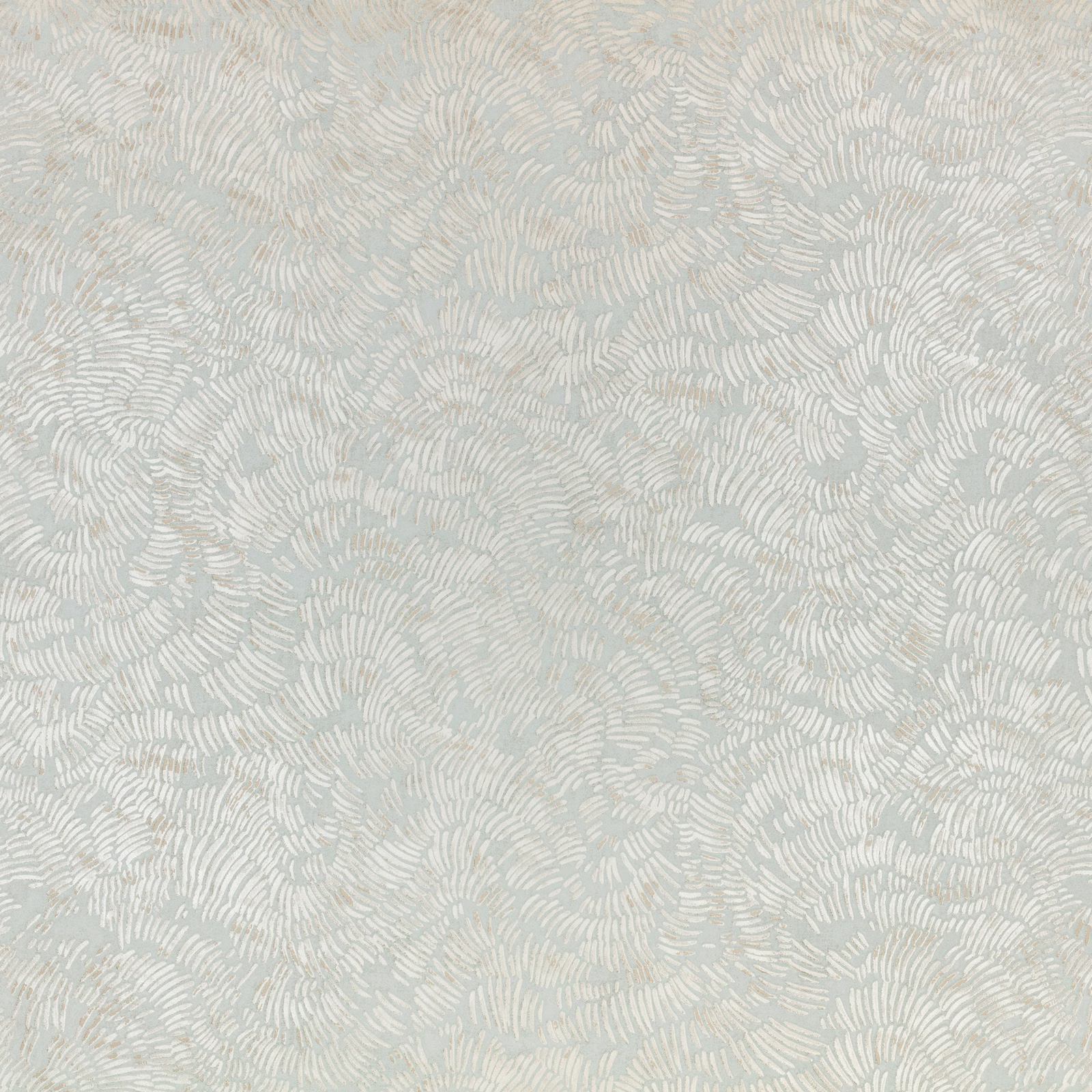 Pale silver-blue wallpaper with delicate overlapping curved feather-like marks