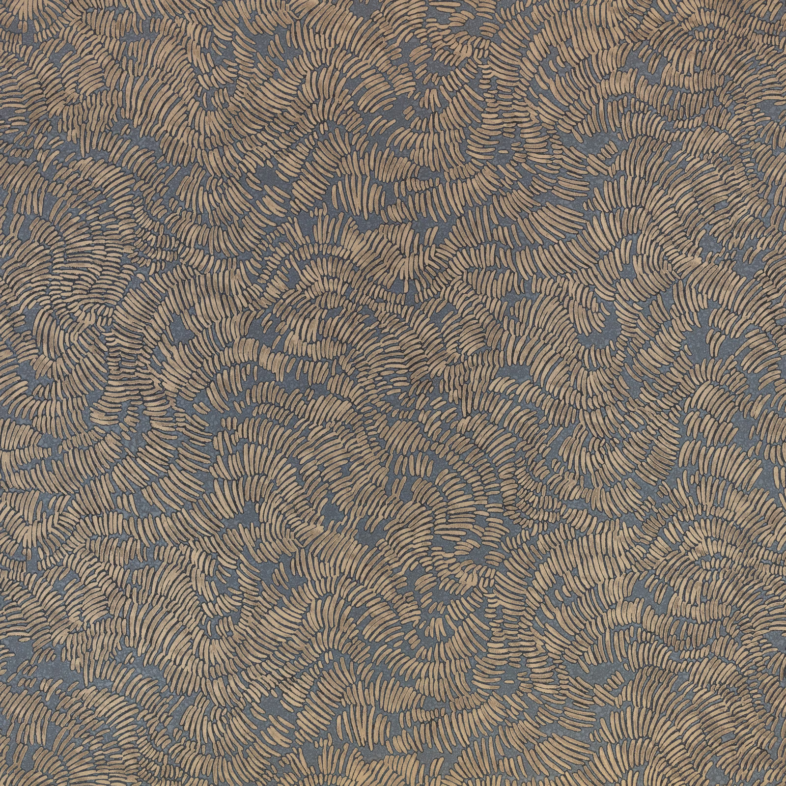 Muted blue-grey wallcovering with dense tan scalloped fan motifs in a close repeat
