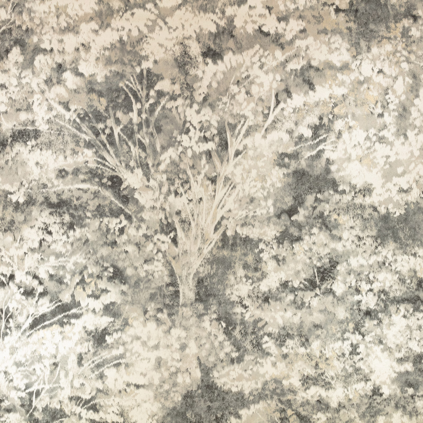 Painterly charcoal woodland wallpaper with pale trees, soft cream foliage and misty grey depth