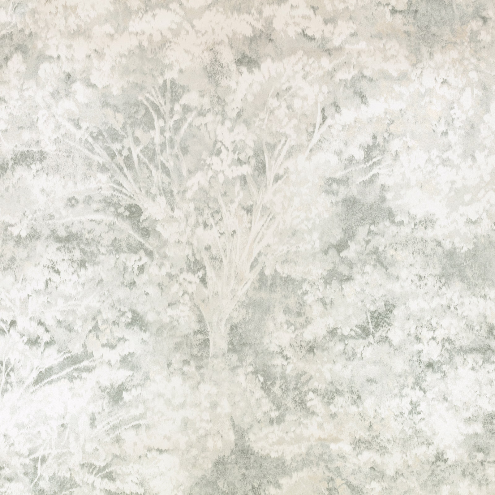 Pale grey-green woodland wallpaper with misty branches, foliage and softly mottled tones