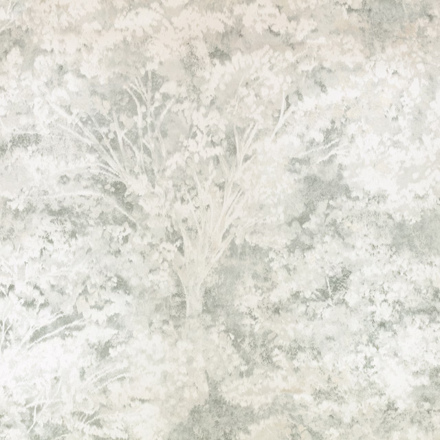 Pale grey-green woodland wallpaper with misty branches, foliage and softly mottled tones