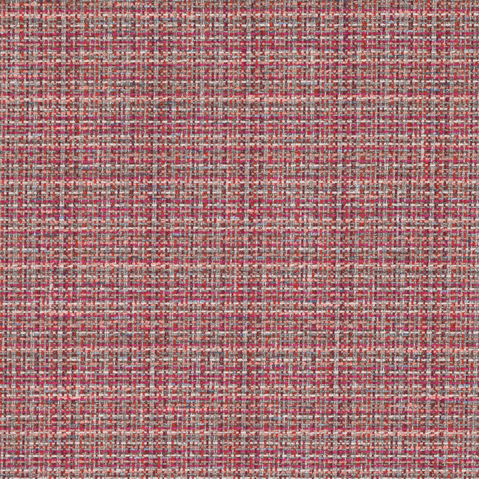 Close-up of pomegranate red woven fabric with cream, taupe and charcoal flecks