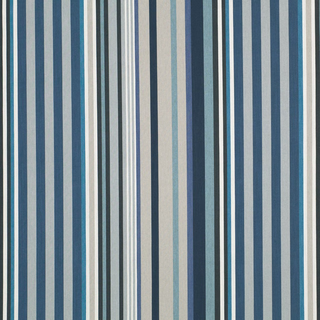 Close-up of Asher Danube with varied vertical blue, teal, grey and ivory stripes
