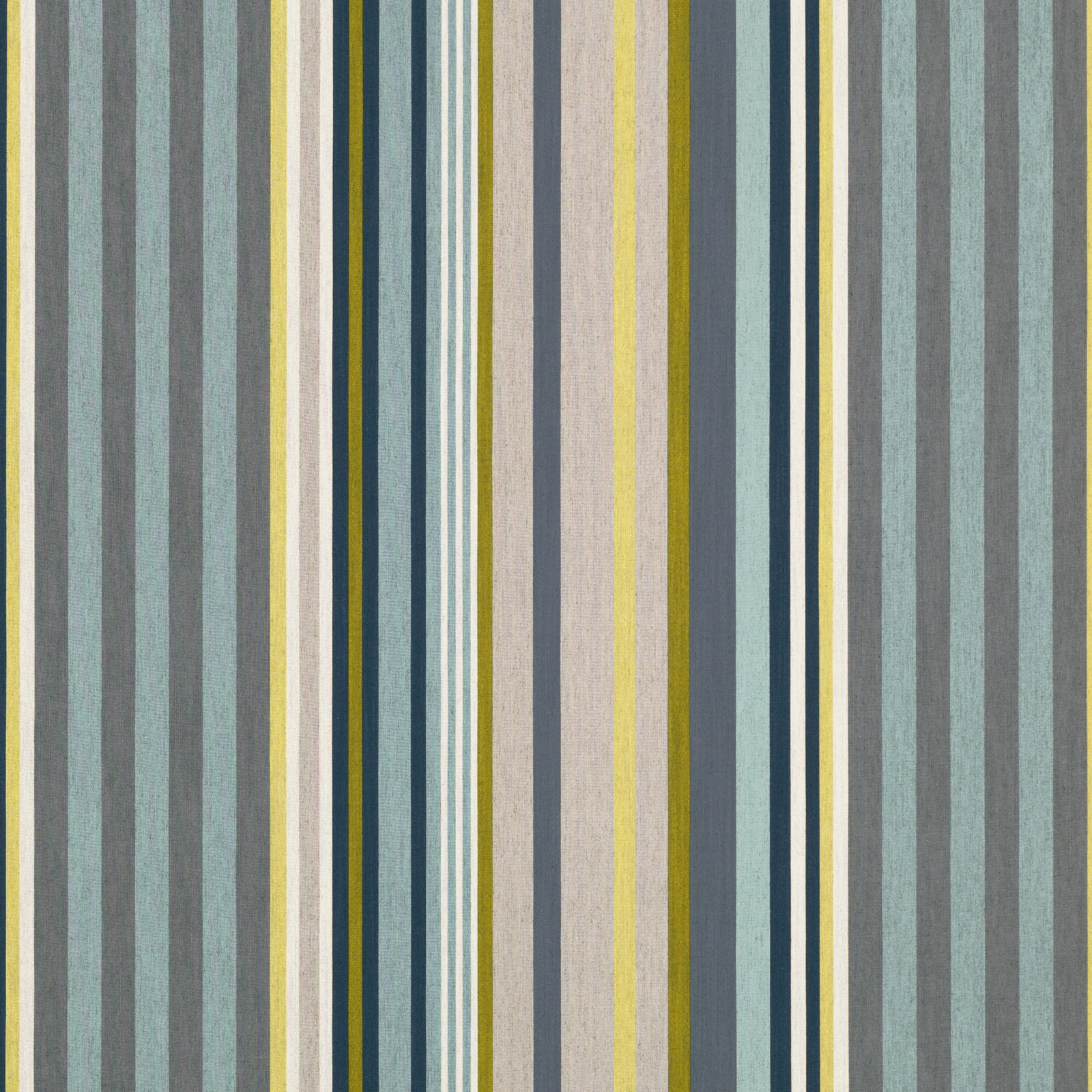 Muted pesto and blue-grey vertical striped fabric with a lightly textured woven surface