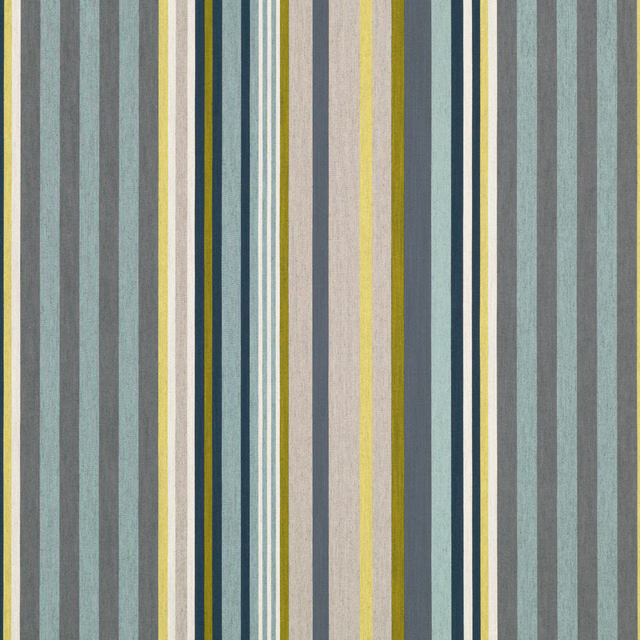 Muted pesto and blue-grey vertical striped fabric with a lightly textured woven surface