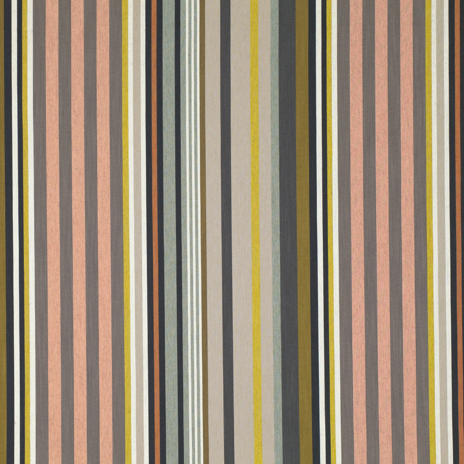 Muted coral, olive, charcoal and cream vertical stripes with a softly textured surface