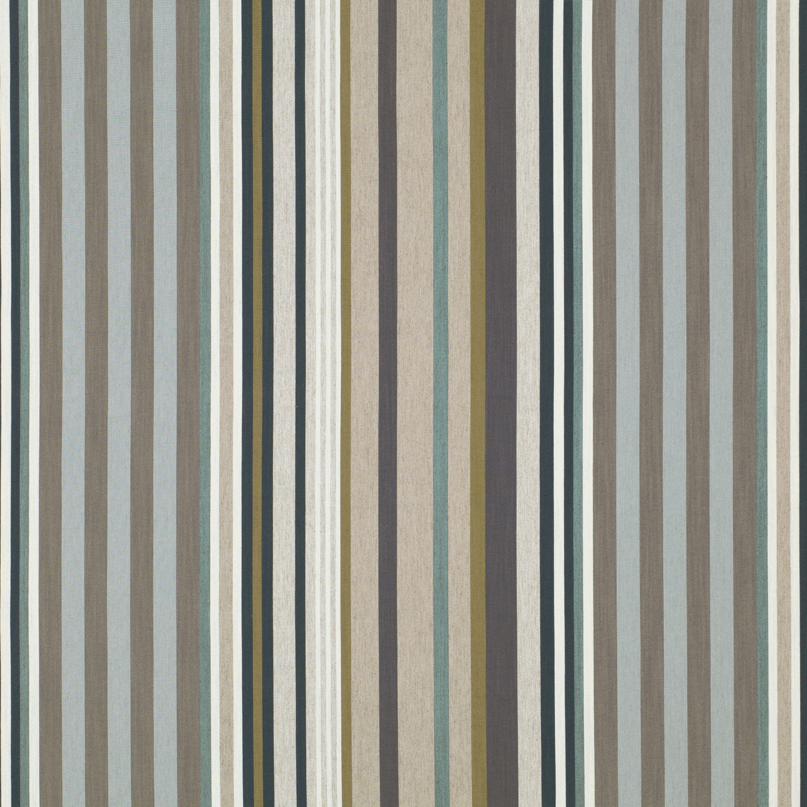 Muted taupe-grey textile with vertical teal, olive, cream and charcoal stripes