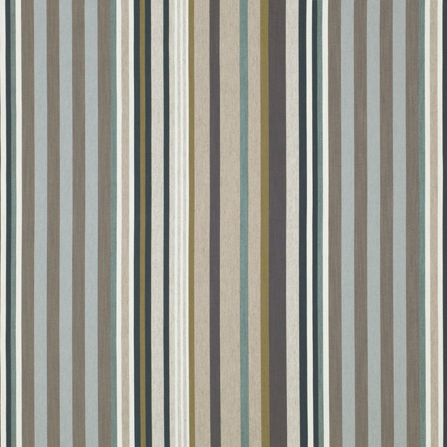 Muted taupe-grey textile with vertical teal, olive, cream and charcoal stripes