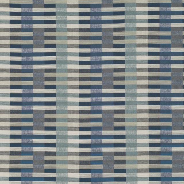 Blue, teal and grey woven geometric bars with cream horizontal accents