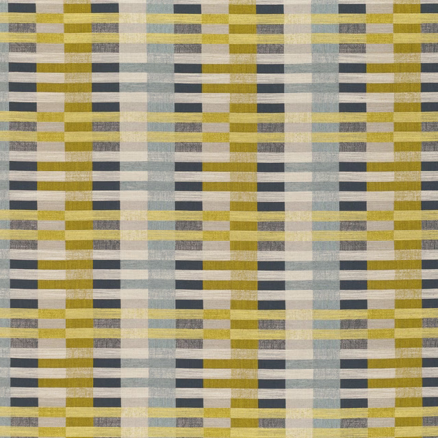Muted pesto, pale blue and charcoal woven check with softly irregular texture
