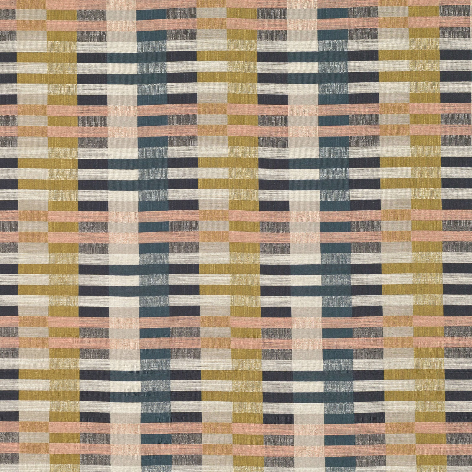 Muted blush, cream, olive and charcoal woven plaid fabric with textured rectangular bands