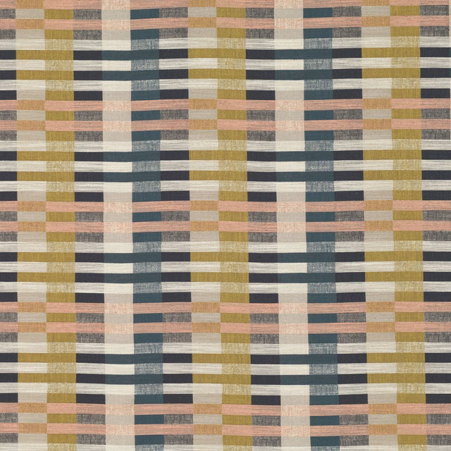 Muted blush, cream, olive and charcoal woven plaid fabric with textured rectangular bands