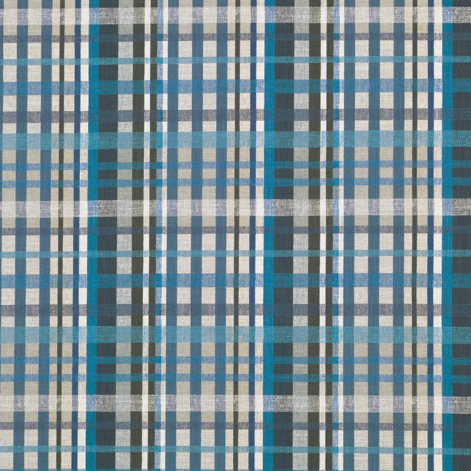 Teal blue and cream plaid fabric with grey and slate woven stripes
