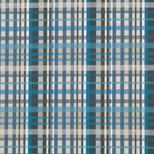 Teal blue and cream plaid fabric with grey and slate woven stripes
