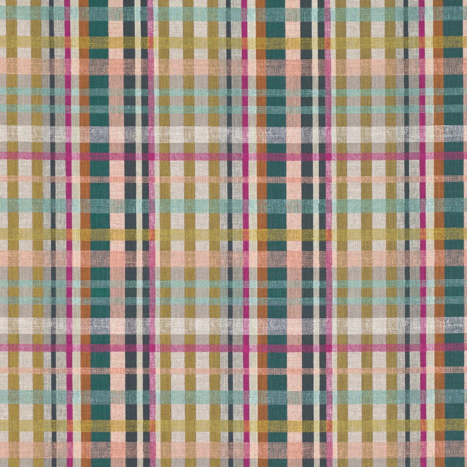 Multicoloured woven plaid with teal, magenta, mustard, aqua and cream checks