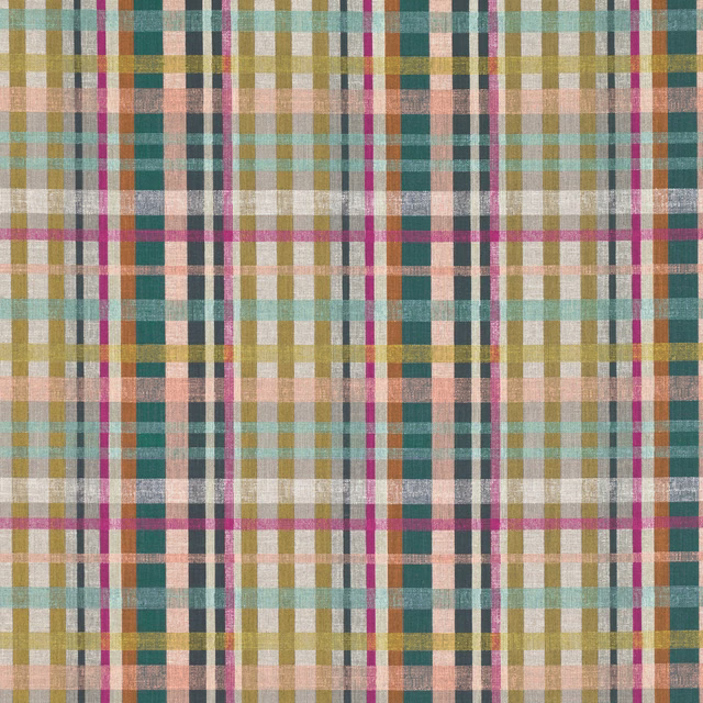 Multicoloured woven plaid with teal, magenta, mustard, aqua and cream checks