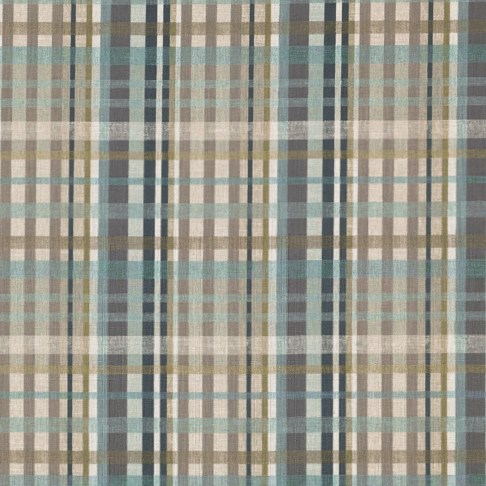 Muted teal and taupe plaid with cream checks and a softly woven texture