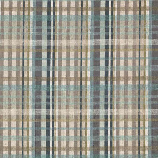 Muted teal and taupe plaid with cream checks and a softly woven texture