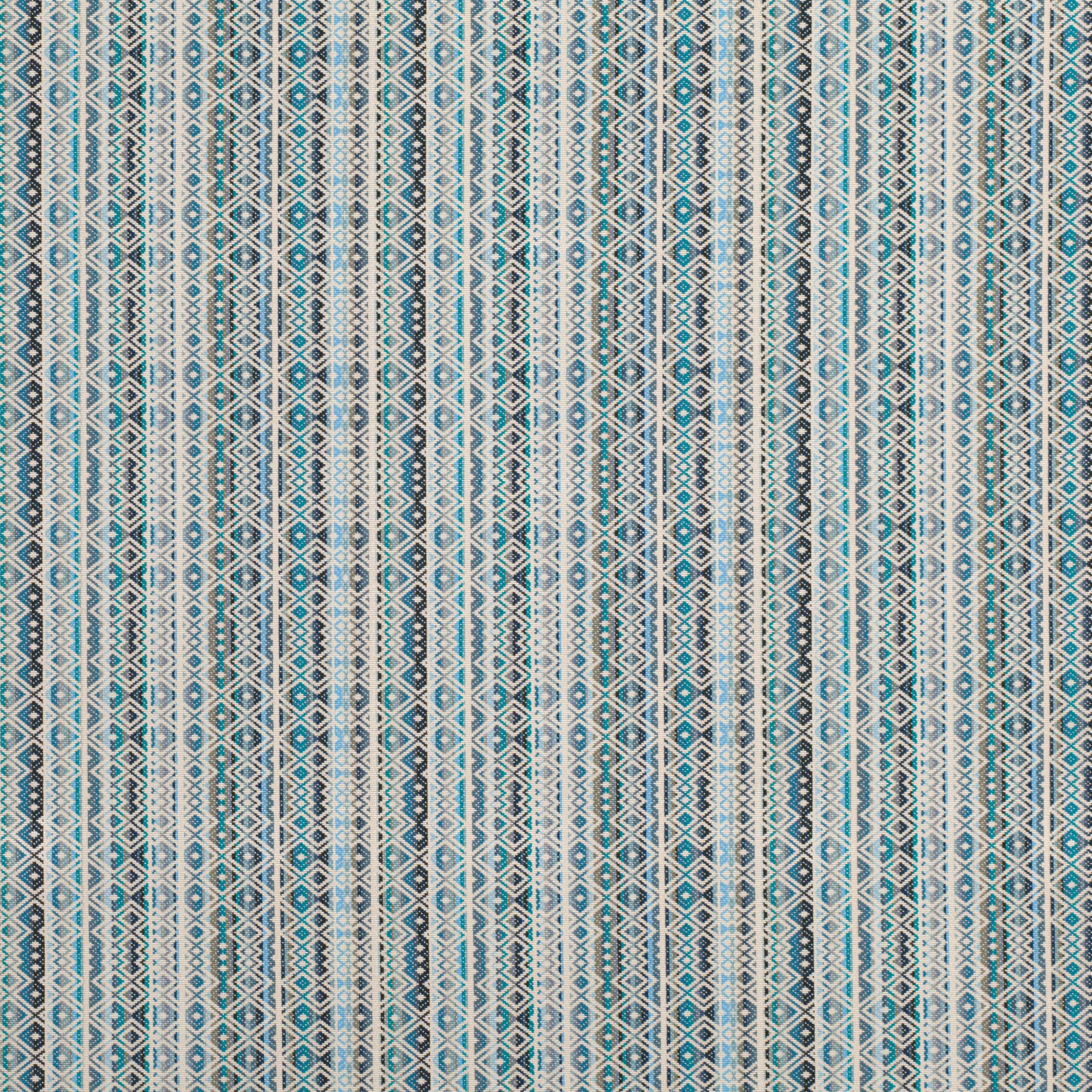 Cool Moroccan blue fabric with cream geometric diamonds in narrow vertical woven stripes