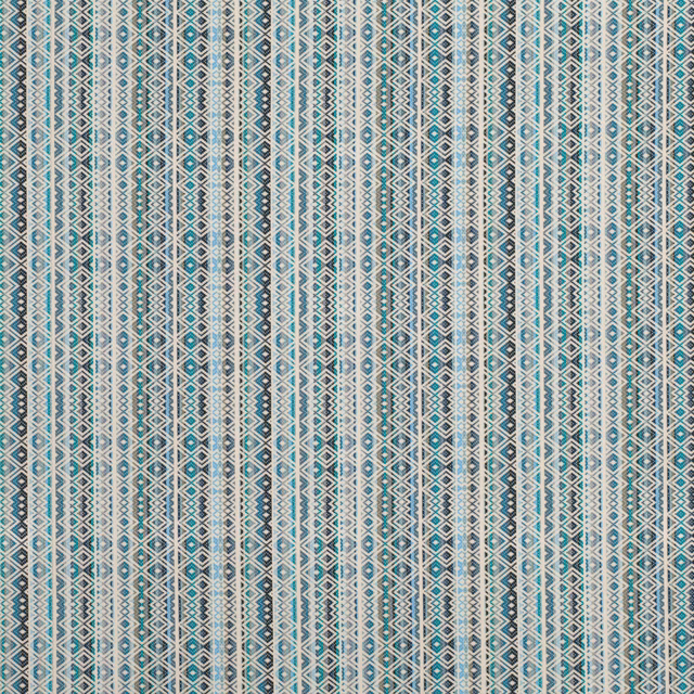 Cool Moroccan blue fabric with cream geometric diamonds in narrow vertical woven stripes