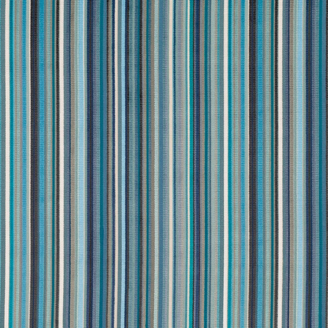 Close-up of Moroccan Blue fabric with narrow teal, blue, grey and cream vertical stripes