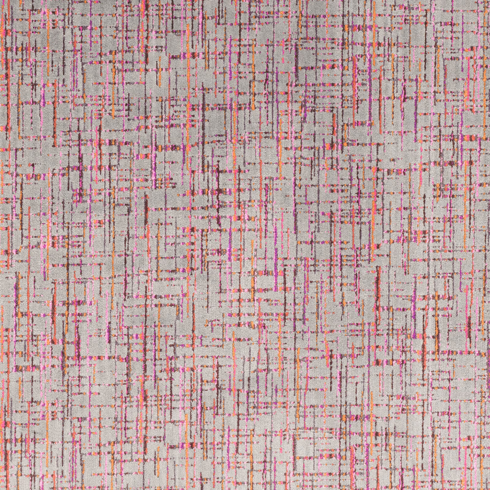 Pale grey woven grid with coral, pink and ochre crosshatch lines