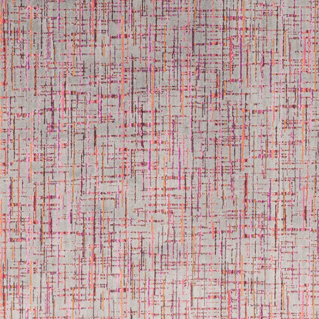 Pale grey woven grid with coral, pink and ochre crosshatch lines