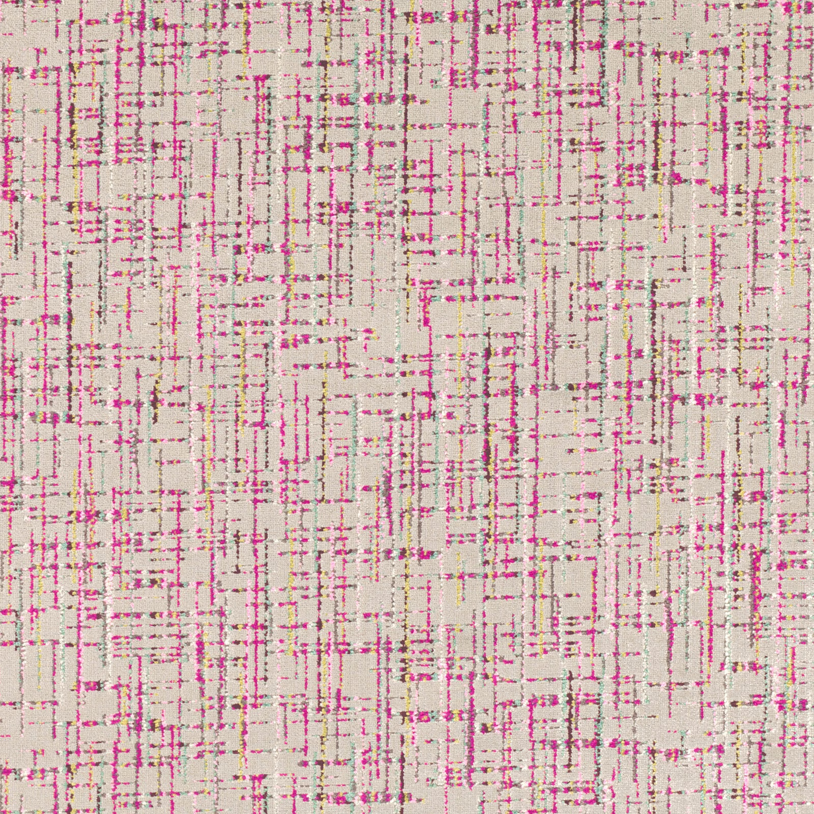 Cream woven fabric with vivid peony-pink broken grid and subtle neutral threads