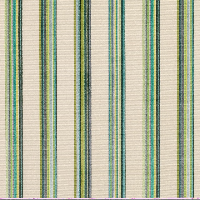 Muted jade, teal, olive and mustard stripes on a cream woven ground