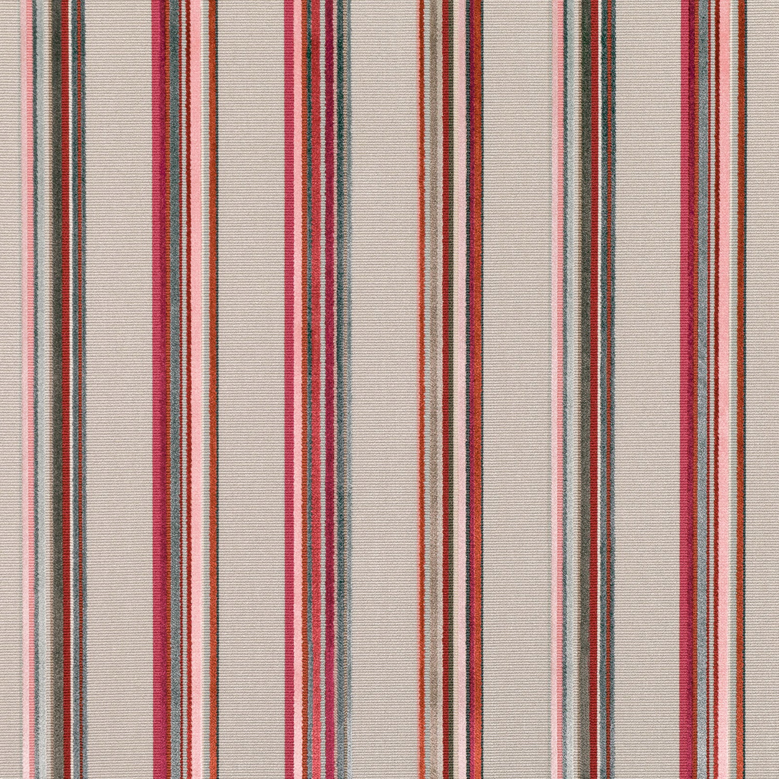 Soft red, coral, teal and charcoal vertical stripes on a textured ivory weave