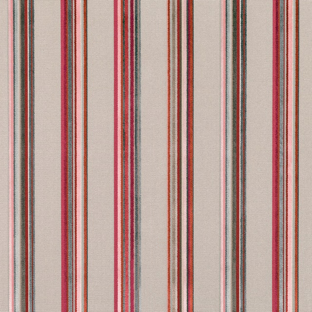 Soft red, coral, teal and charcoal vertical stripes on a textured ivory weave