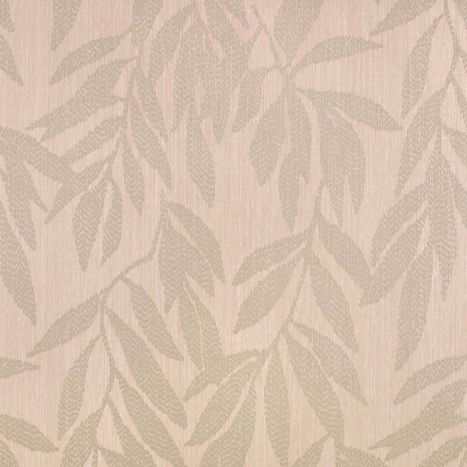 Pale blush wallpaper with muted taupe-grey leafy motifs and subtle vertical striation