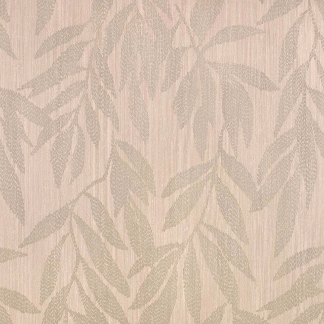 Pale blush wallpaper with muted taupe-grey leafy motifs and subtle vertical striation