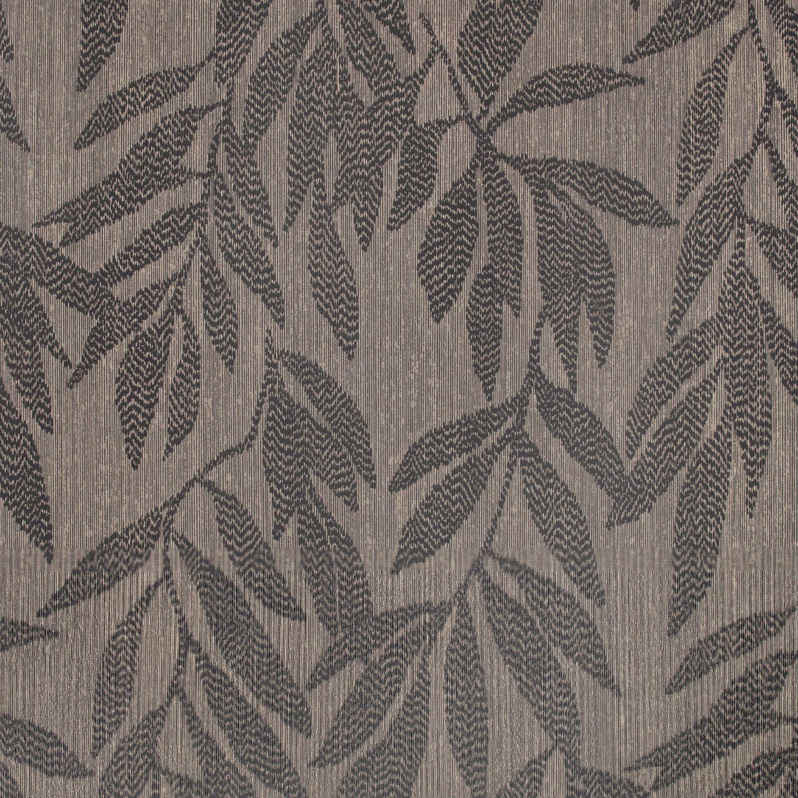 Cool taupe wallpaper with charcoal leafy branches and fine vertical striations